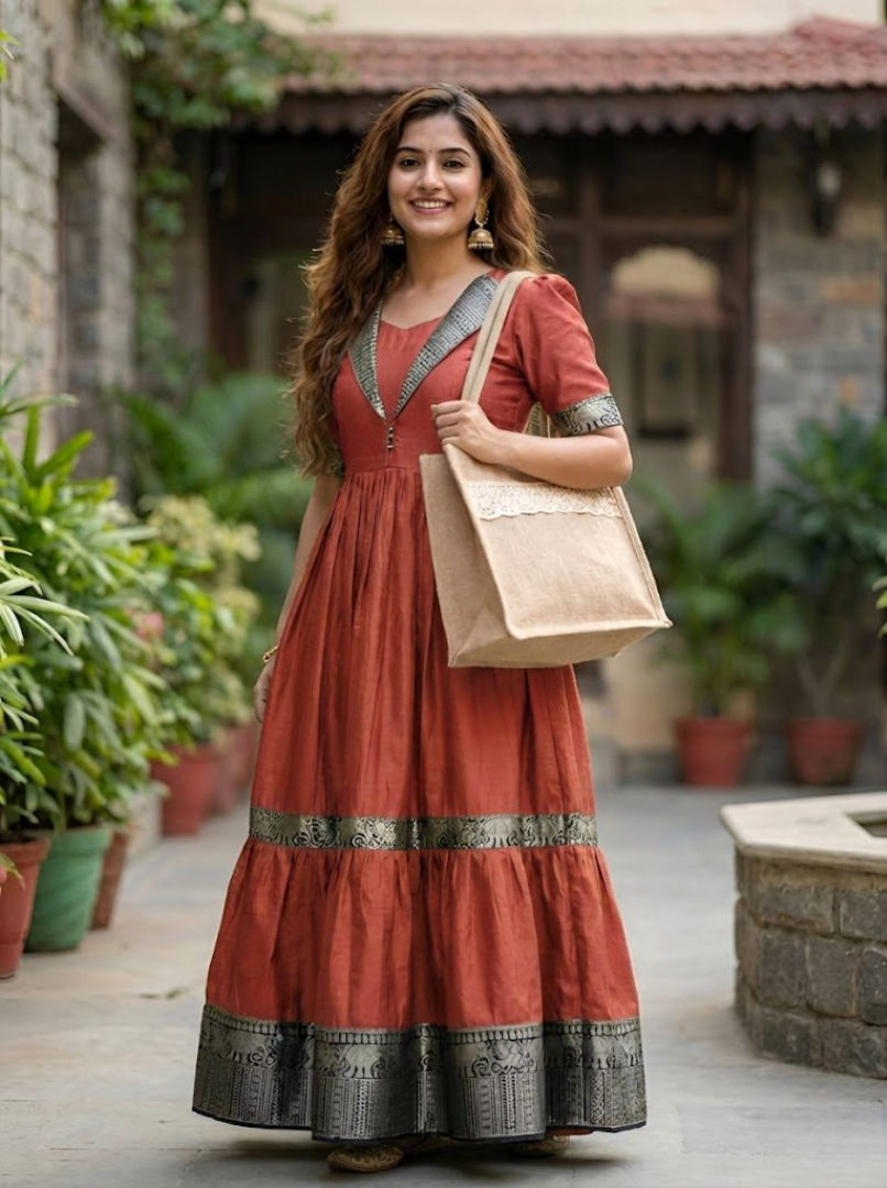 Designer Jacket Collar Heavy Vichitra Silk 2-Layer Long Gown