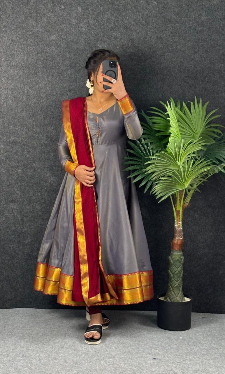 Traditional Pongal Special Russian Silk Maxi Gown with Dupatta