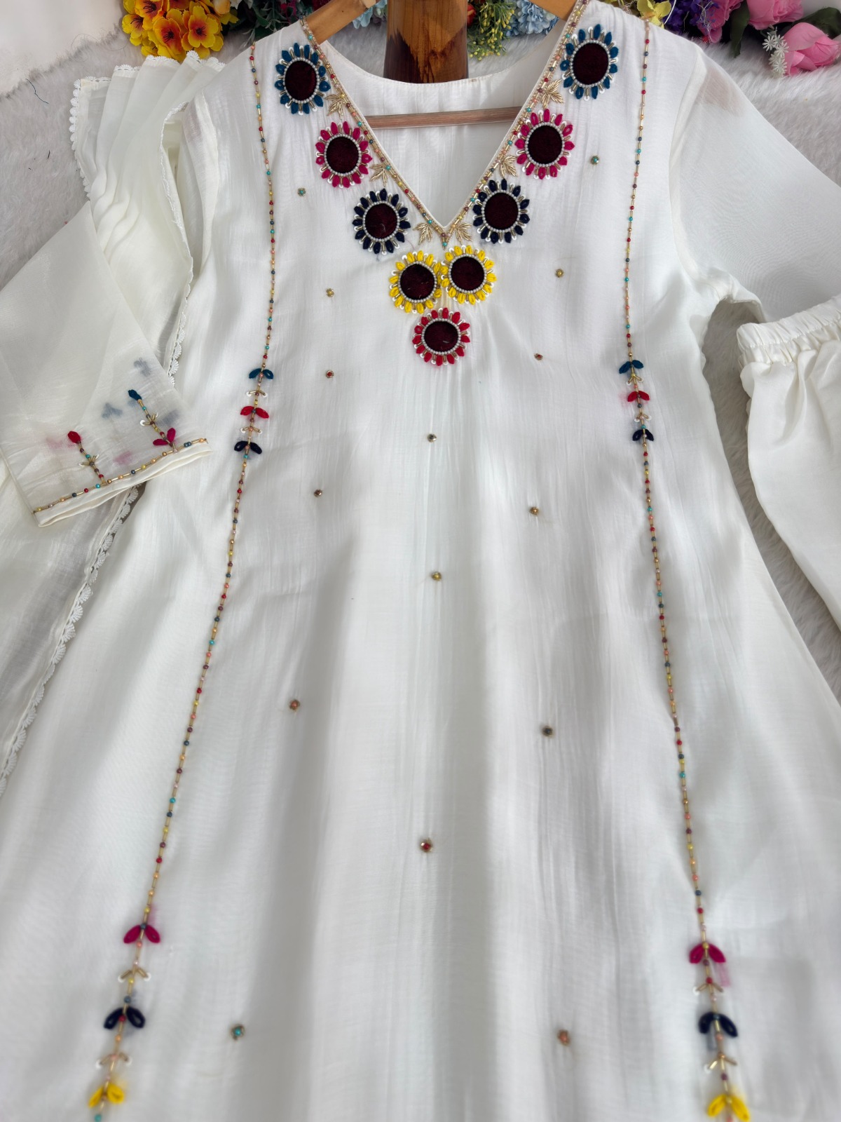 Mul chanderi White  Hand work dress ( ATWH1)