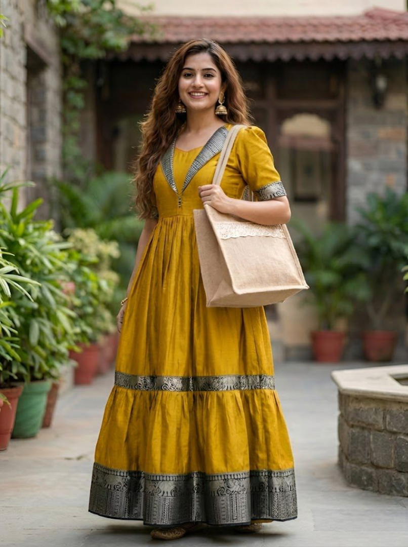 Designer Jacket Collar Heavy Vichitra Silk 2-Layer Long Gown