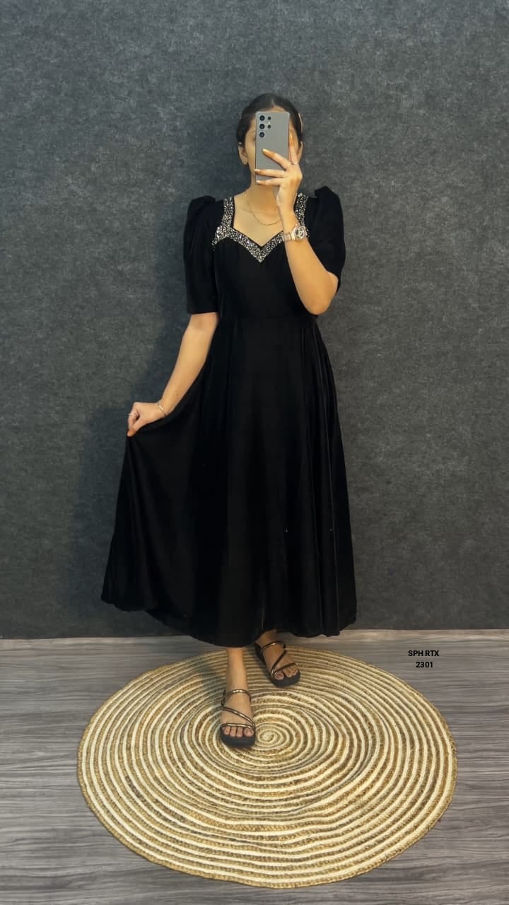 Designer Dual-Tone Velvet Midi Gown with Maggam Work – Party Wear Collection