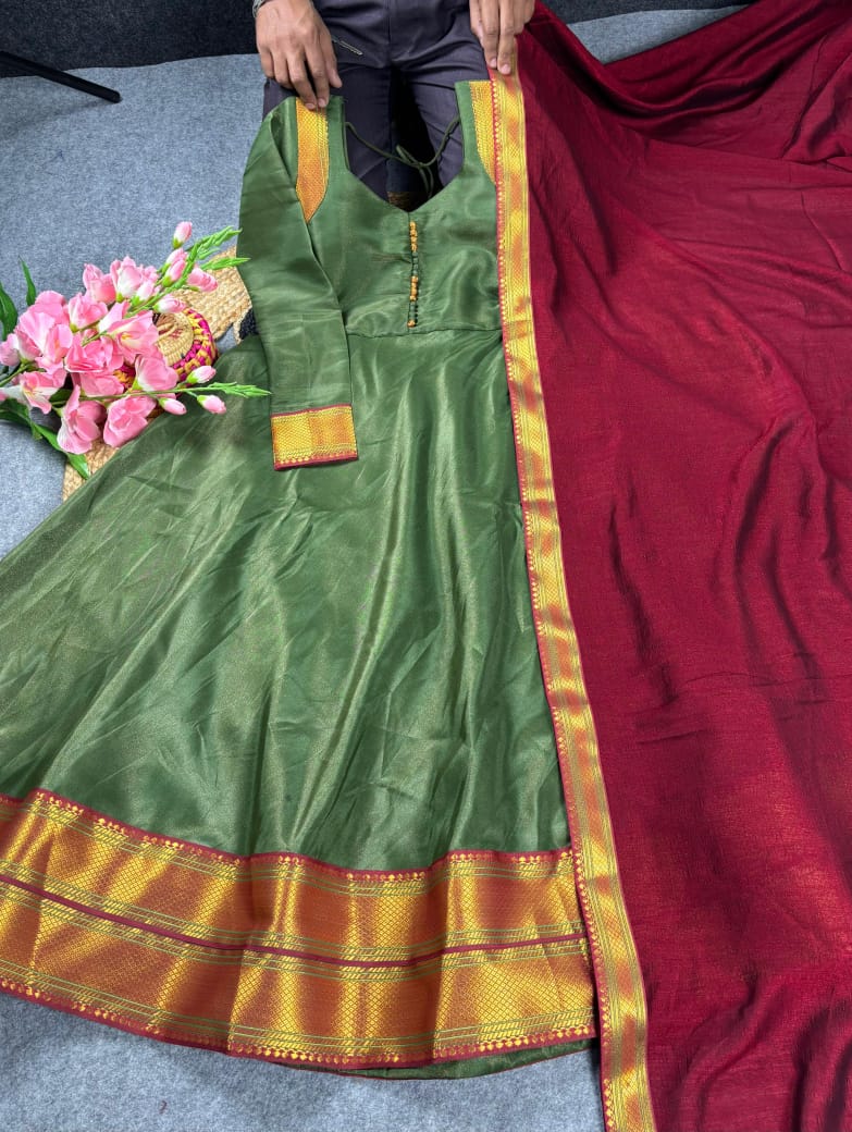 Traditional Pongal Special Russian Silk Maxi Gown with Dupatta