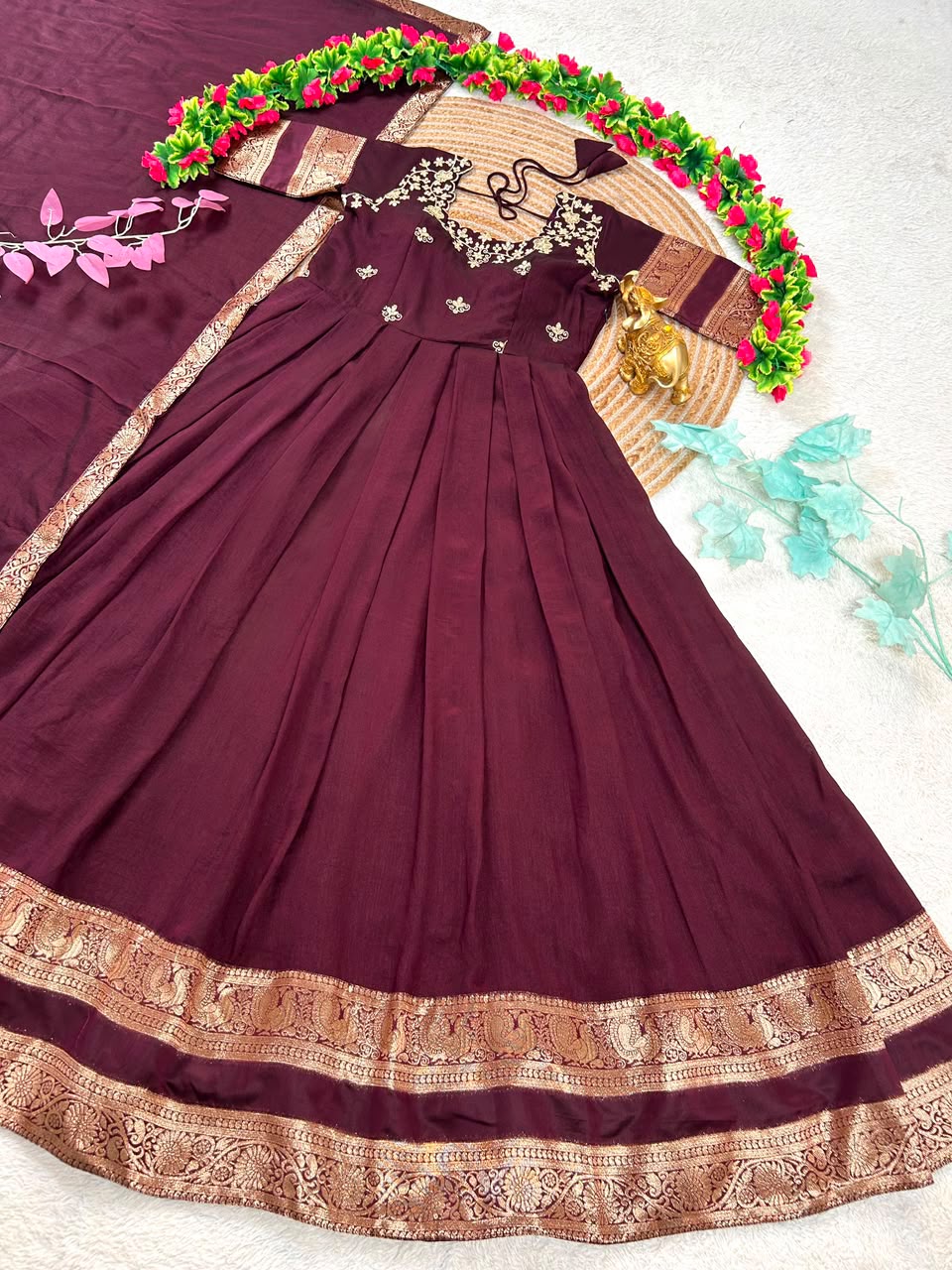 South Indian function in timeless elegance with this beautifully crafted Royal Wine Gown(G01)