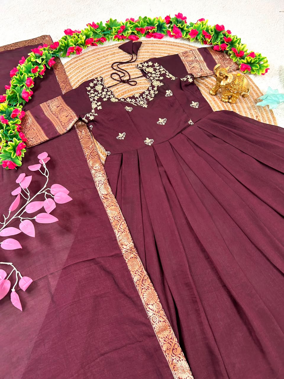South Indian function in timeless elegance with this beautifully crafted Royal Wine Gown(G01)