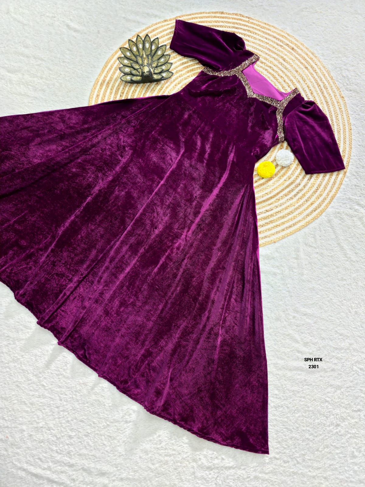 Designer Dual-Tone Velvet Midi Gown with Maggam Work – Party Wear Collection