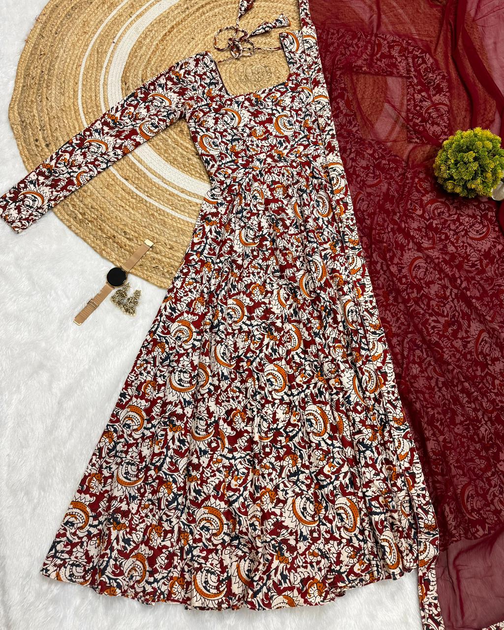 Pure Cotton Kalamkari Anarkali Gown with Lace Border Georgette Dupatta