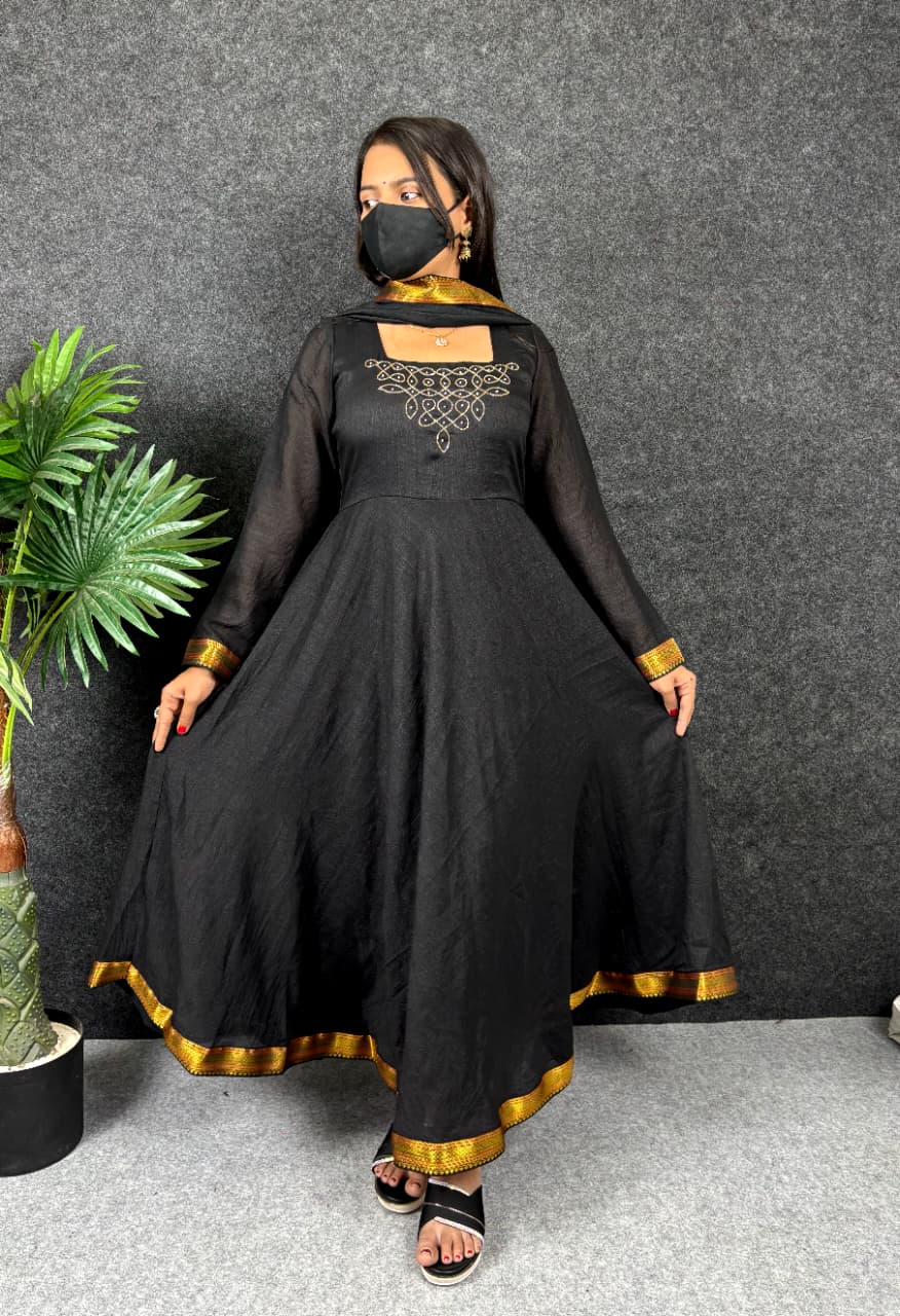 Kadhalar Dhinam Roja Inspired Black Vichitra Silk Maxi Gown with Dupatta