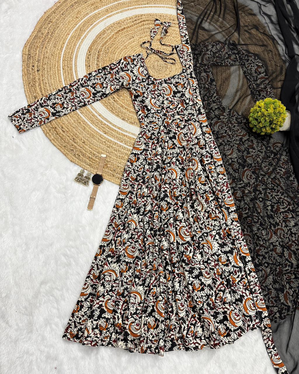 Pure Cotton Kalamkari Anarkali Gown with Lace Border Georgette Dupatta