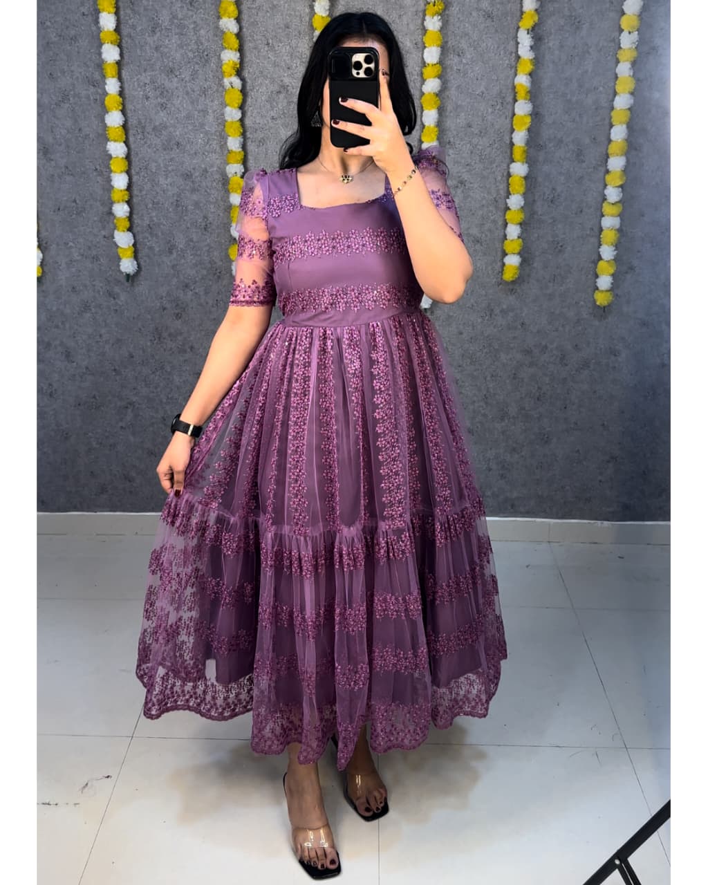 Flower Embroidery Sequence Work Heavy Net Party Wear Frock