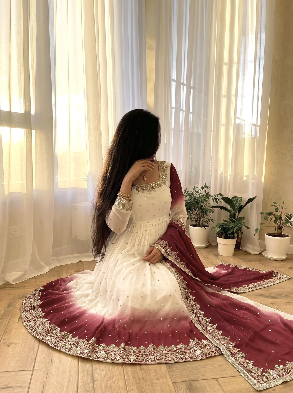 White + Meroon Star Georgette ( SGM01)