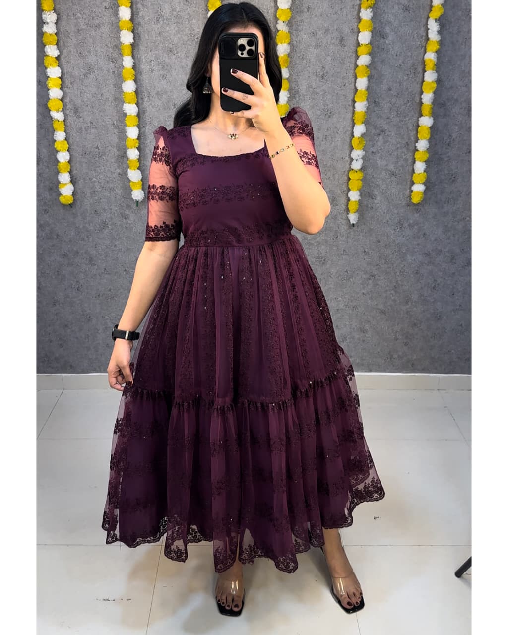 Flower Embroidery Sequence Work Heavy Net Party Wear Frock