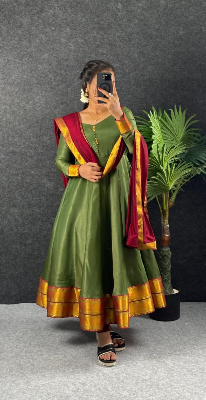 Traditional Pongal Special Russian Silk Maxi Gown with Dupatta