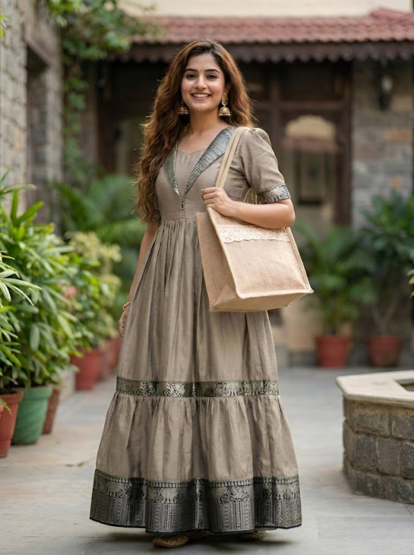 Designer Jacket Collar Heavy Vichitra Silk 2-Layer Long Gown