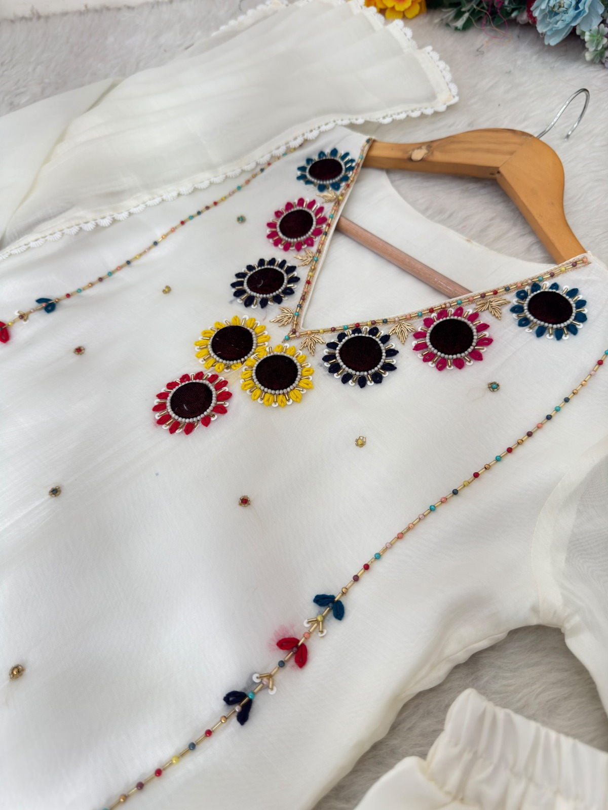 Mul chanderi White  Hand work dress ( ATWH1)
