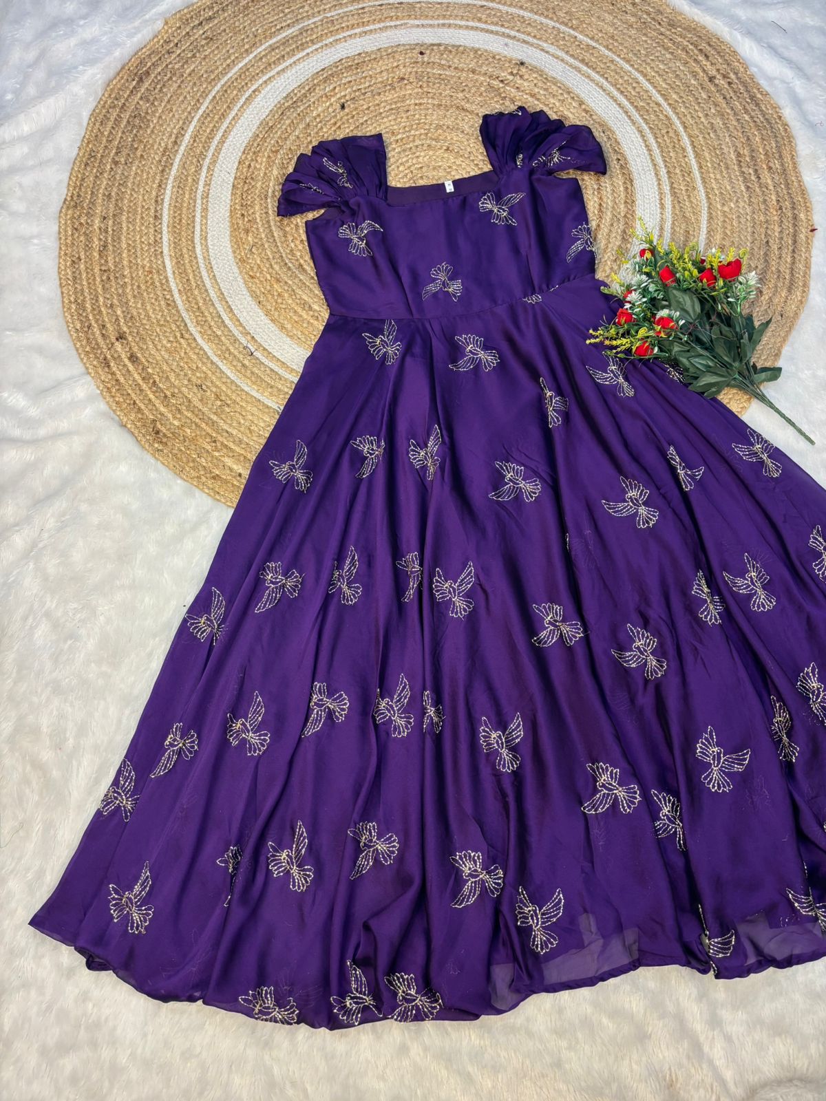 Rangoli silk fabric with beautiful “sparrow” beads aari work Gown(RS02)