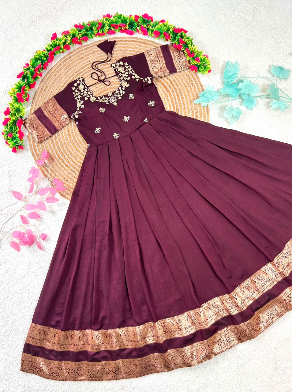 South Indian function in timeless elegance with this beautifully crafted Royal Wine Gown(G01)