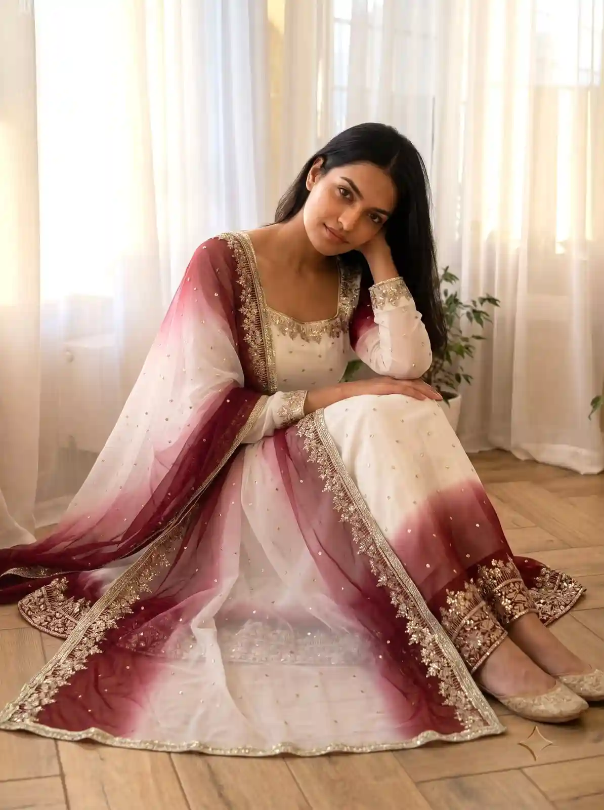 White + Meroon Star Georgette ( SGM01)