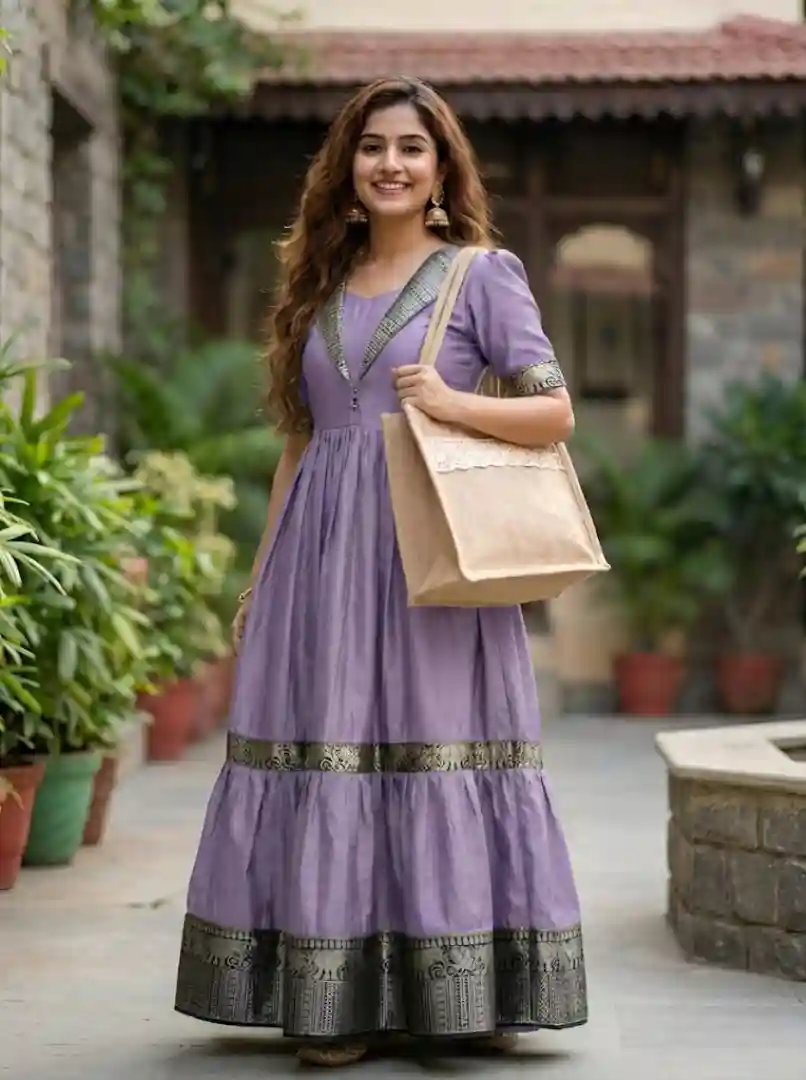 Designer Jacket Collar Heavy Vichitra Silk 2-Layer Long Gown