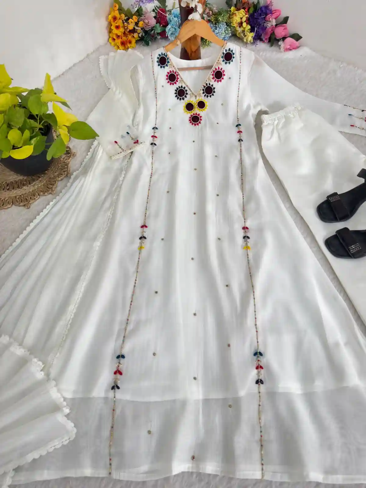 Mul chanderi White  Hand work dress ( ATWH1)