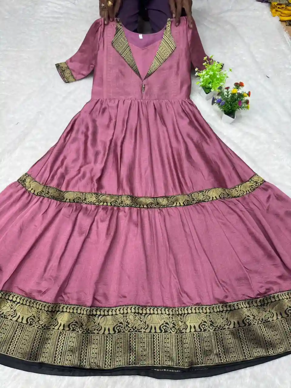 Designer Jacket Collar Heavy Vichitra Silk 2-Layer Long Gown