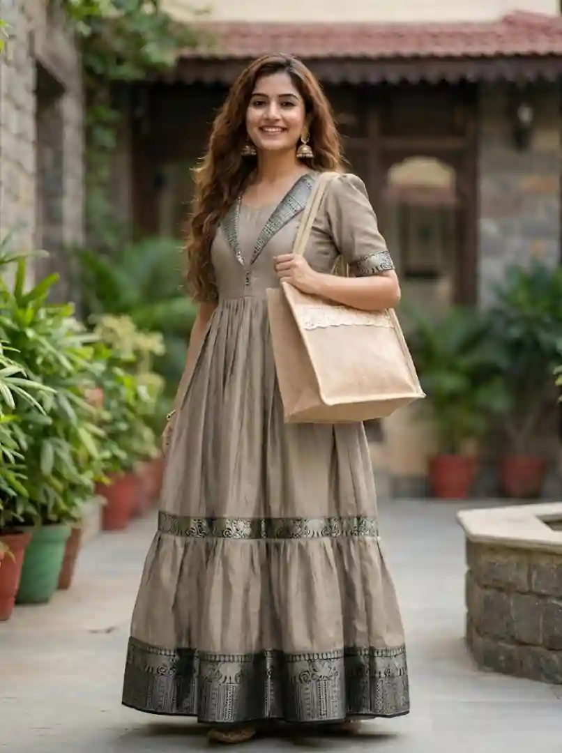 Designer Jacket Collar Heavy Vichitra Silk 2-Layer Long Gown