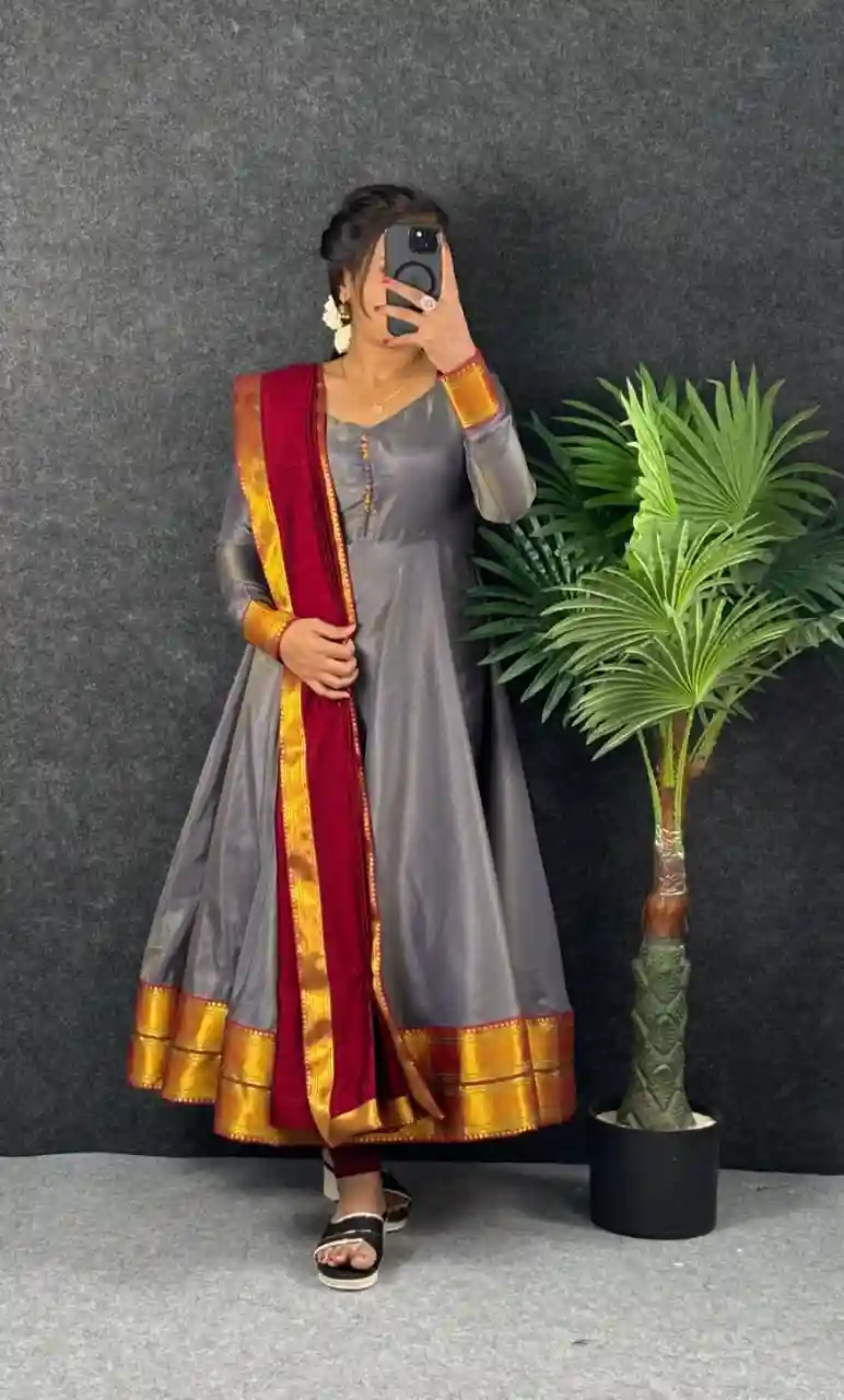 Traditional Pongal Special Russian Silk Maxi Gown with Dupatta