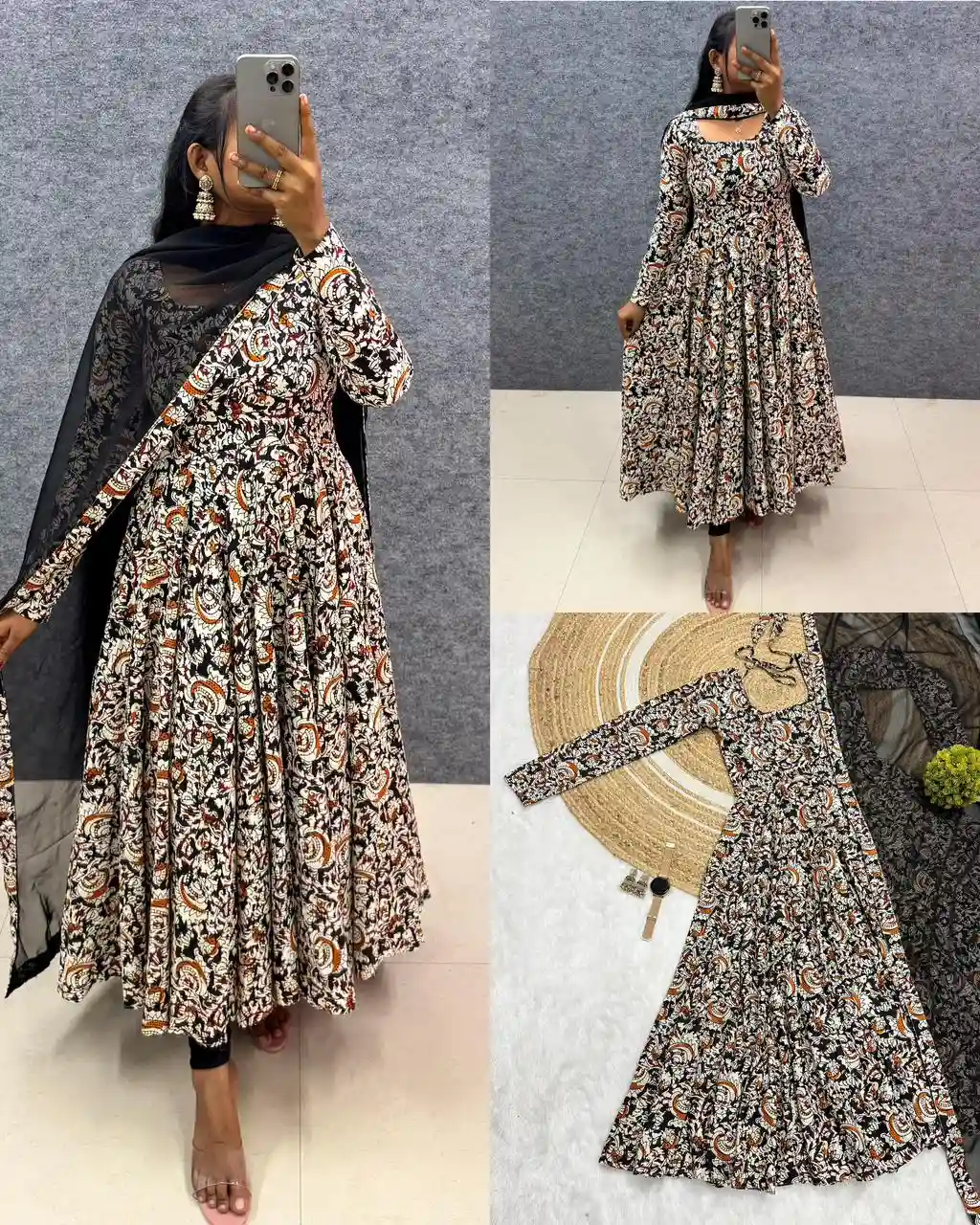Pure Cotton Kalamkari Anarkali Gown with Lace Border Georgette Dupatta
