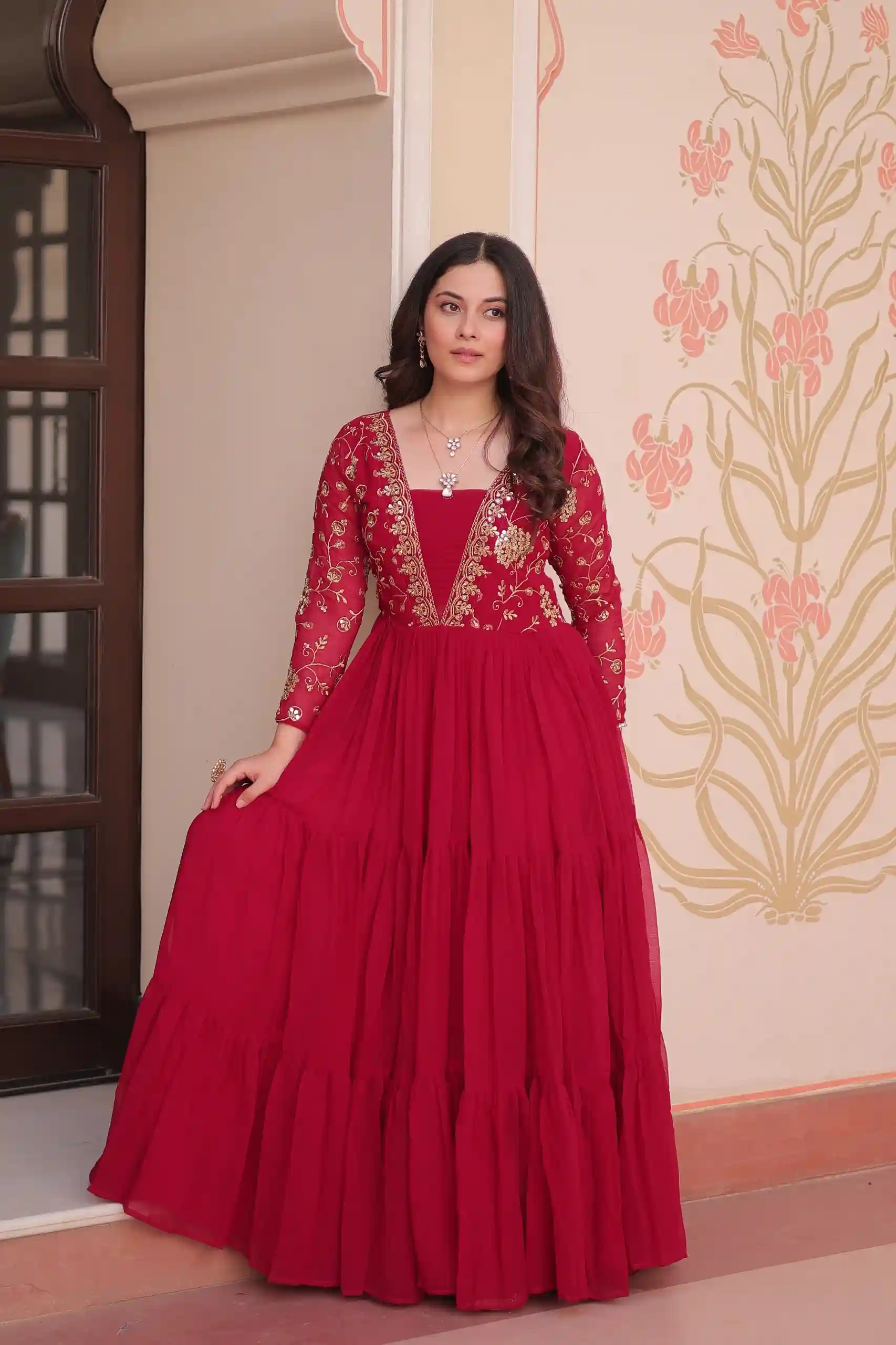 Premium Faux Blooming Sequins & Zari Embroidered Gown – 2025 Designer Collection