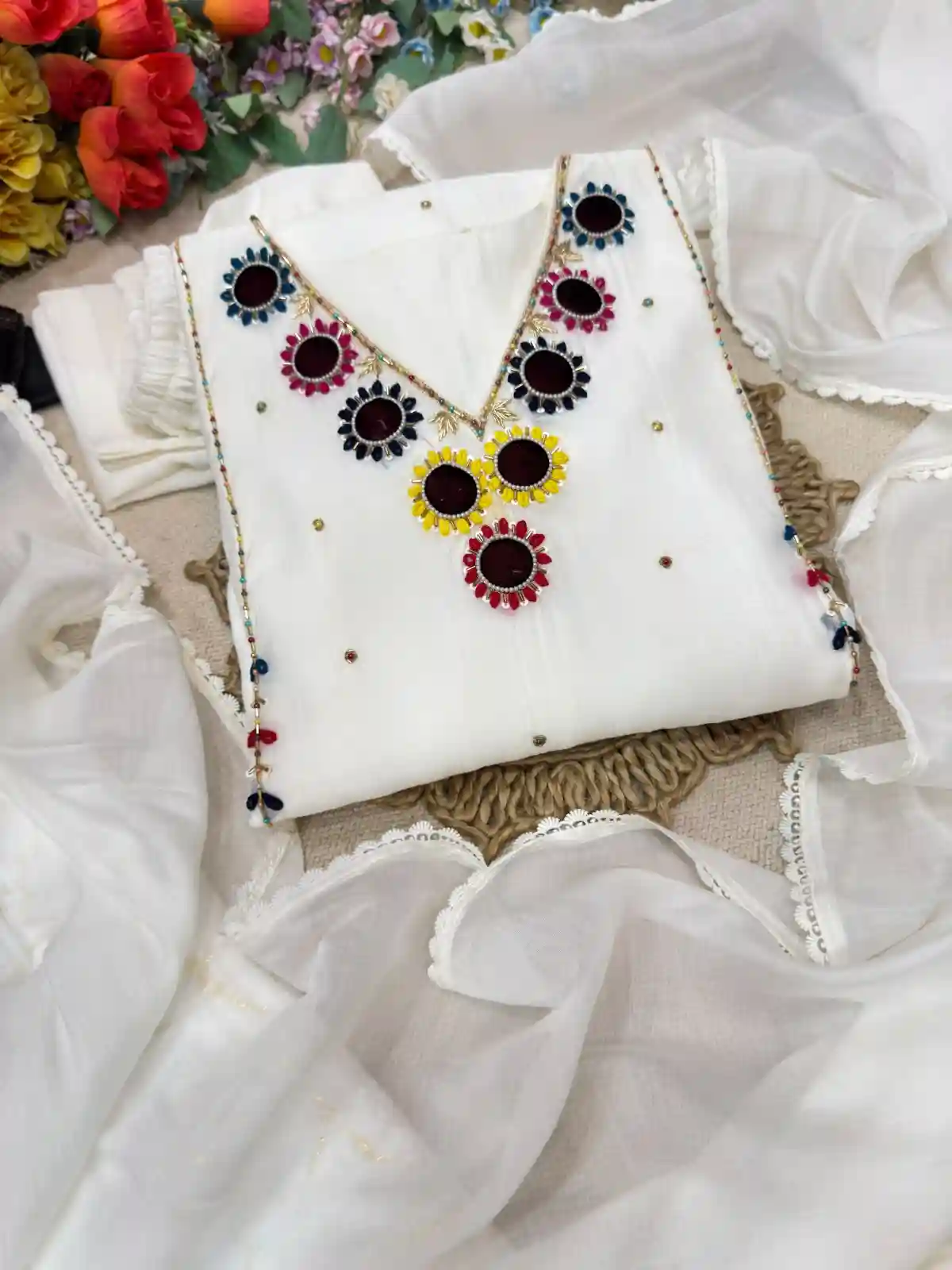 Mul chanderi White  Hand work dress ( ATWH1)