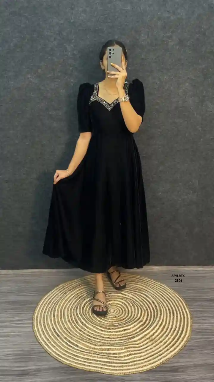 Designer Dual-Tone Velvet Midi Gown with Maggam Work – Party Wear Collection