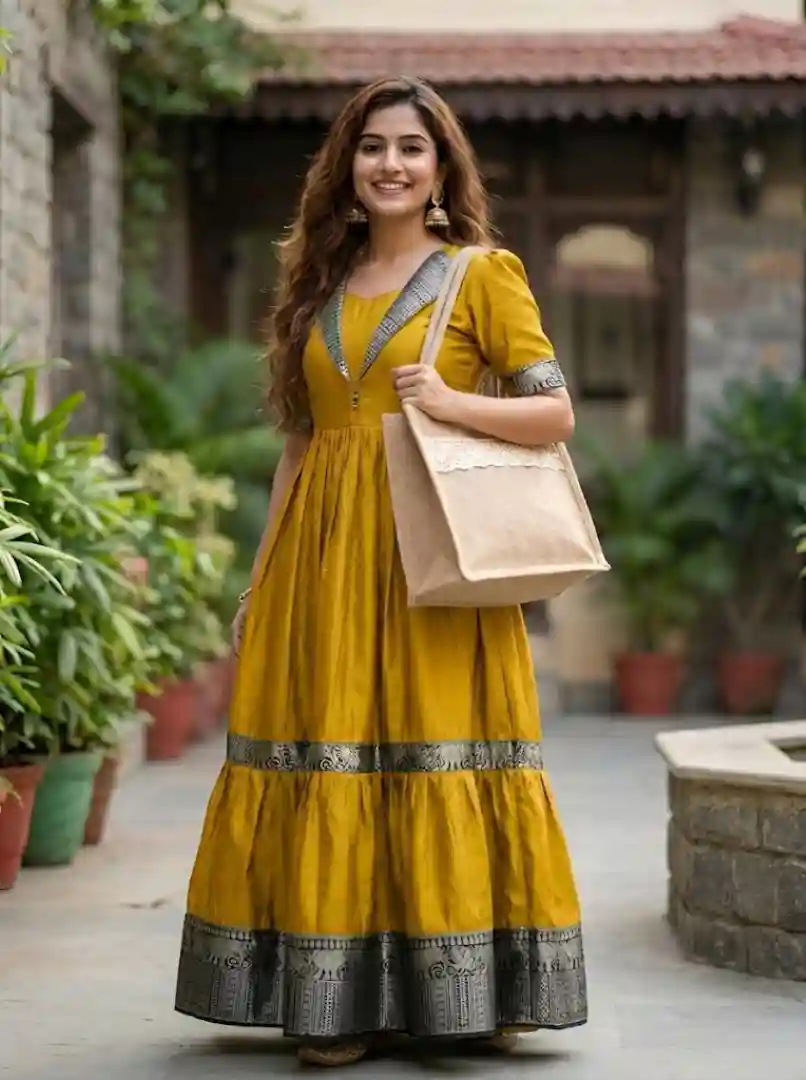 Designer Jacket Collar Heavy Vichitra Silk 2-Layer Long Gown