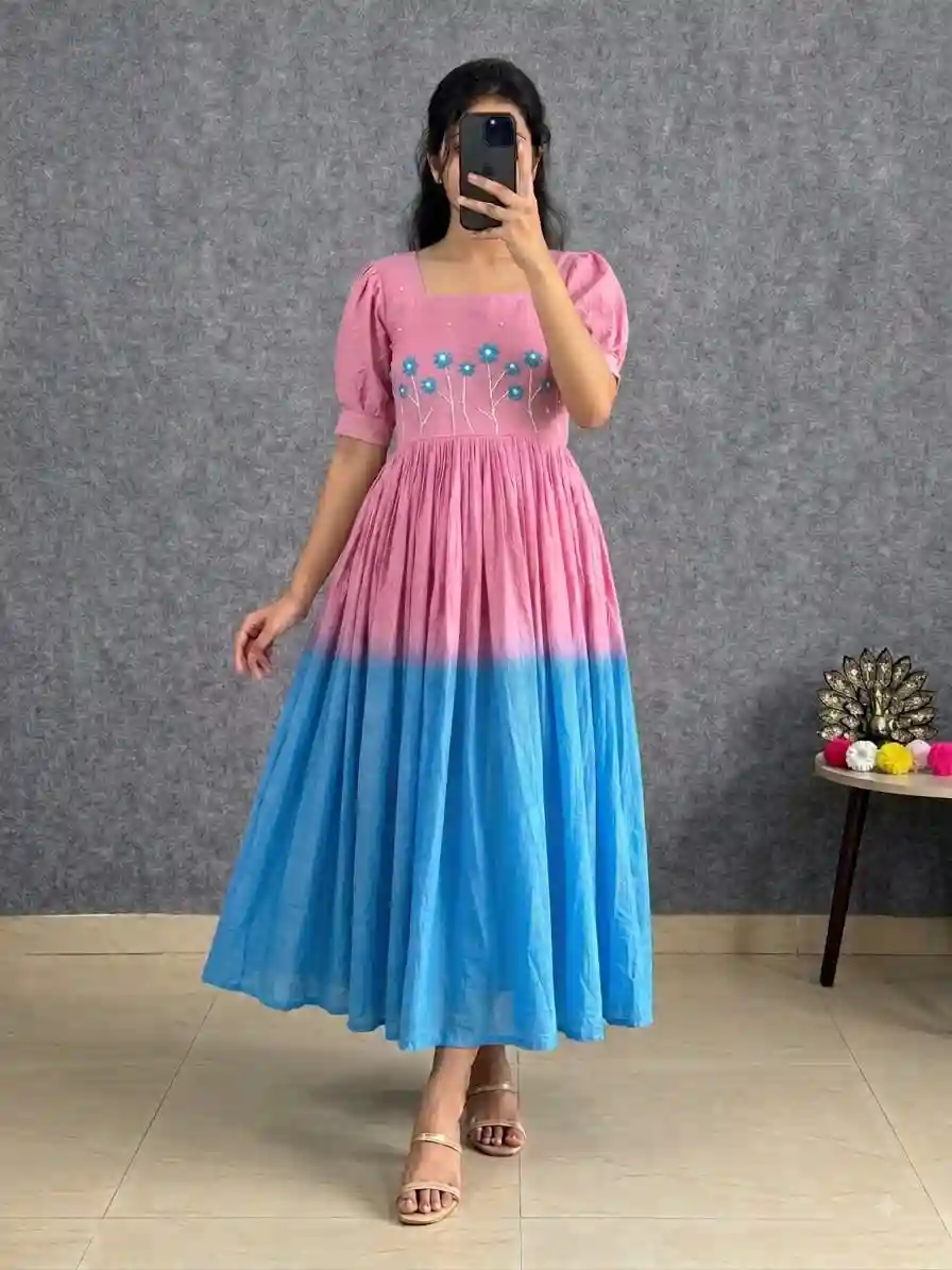 Soft Mul Cotton with Pearls & Thread Handwork Gown Dress (MCD03)
