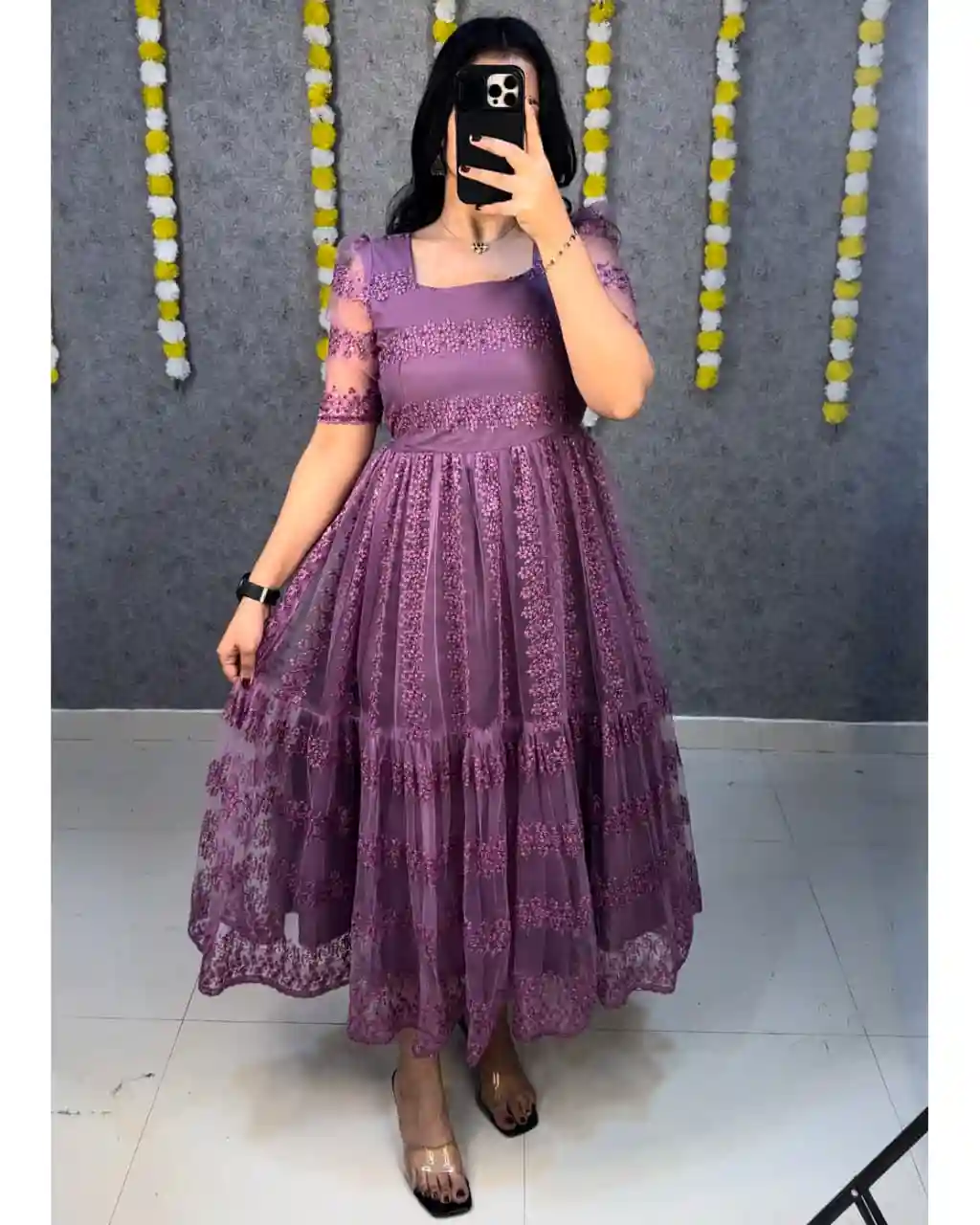 Flower Embroidery Sequence Work Heavy Net Party Wear Frock