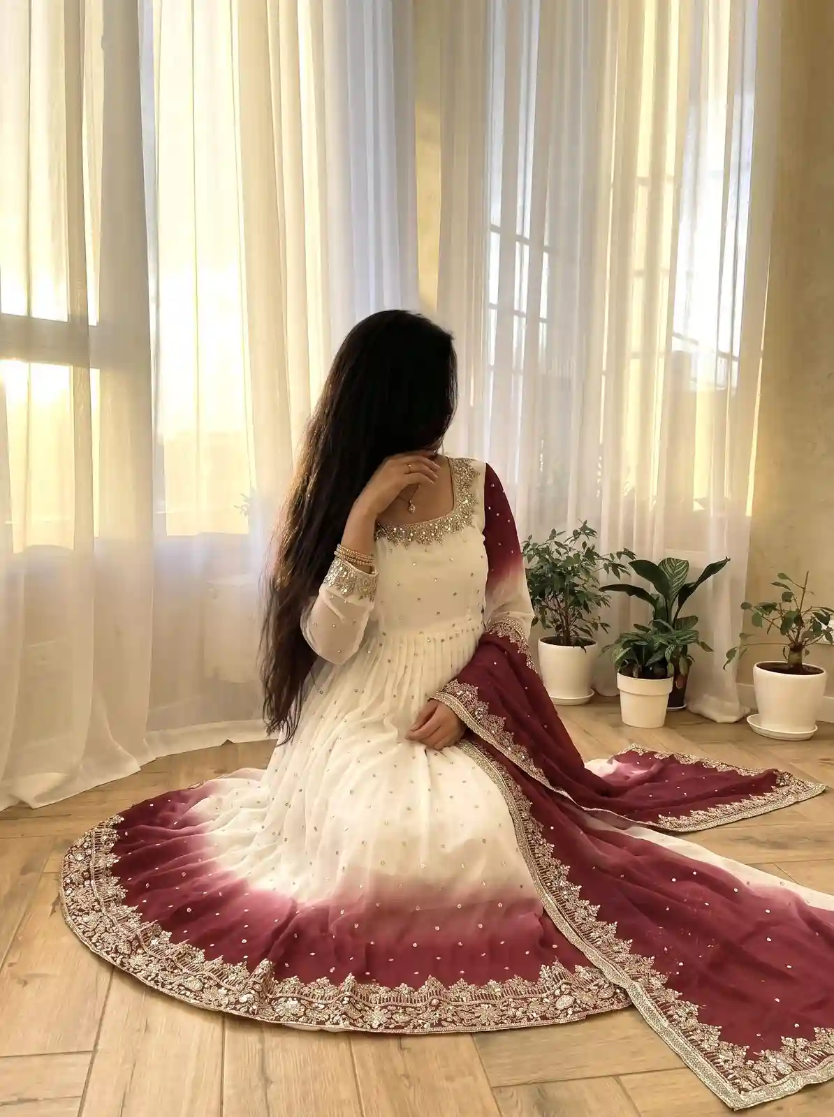 White + Meroon Star Georgette ( SGM01)