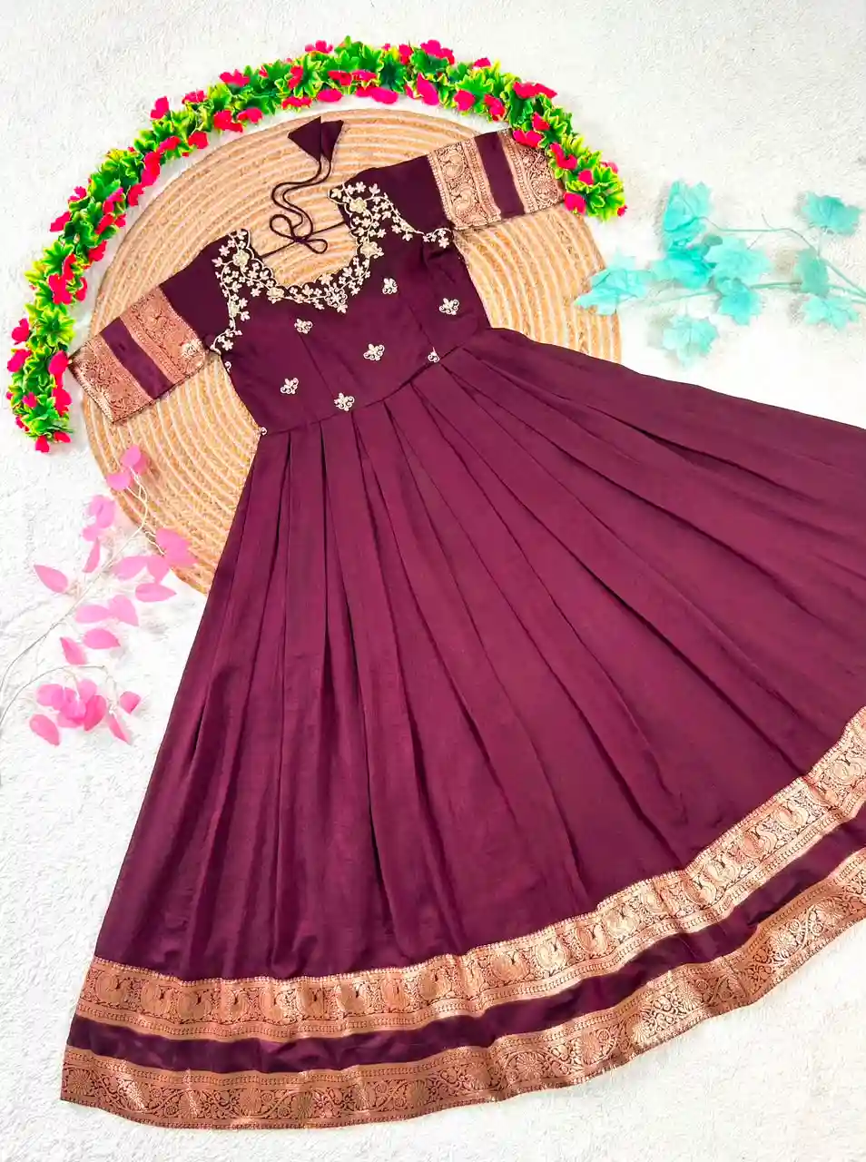 South Indian function in timeless elegance with this beautifully crafted Royal Wine Gown(G01)