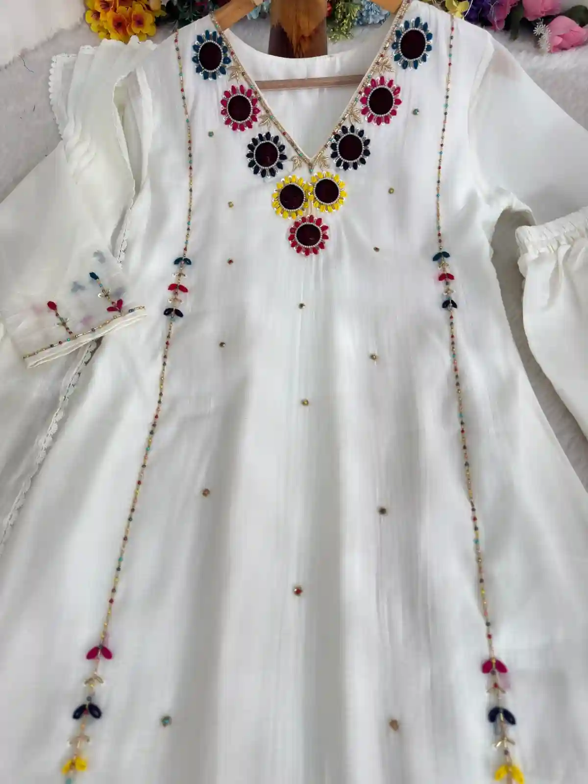 Mul chanderi White  Hand work dress ( ATWH1)