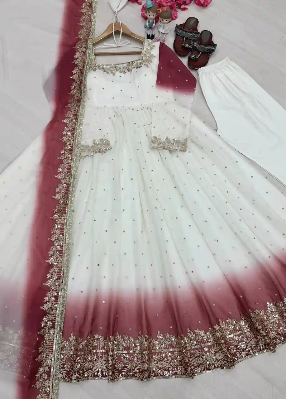 White + Meroon Star Georgette ( SGM01)