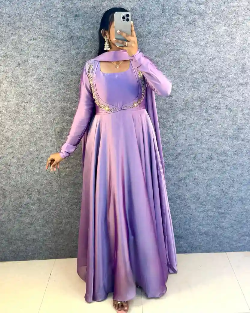 3-Way Style Premium Rangoli Silk Gown with Handwork Overcoat & Dupatta