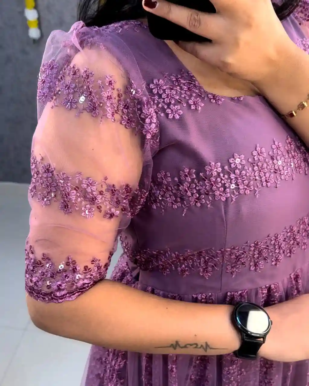Flower Embroidery Sequence Work Heavy Net Party Wear Frock