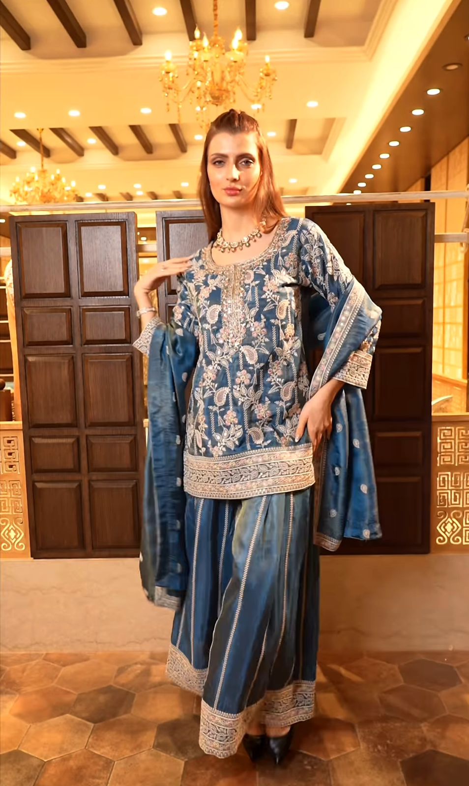 Pure Heavy Chinnon Silk With Heavy Embroidery Top,Plazzo,Dupatta ND-1233