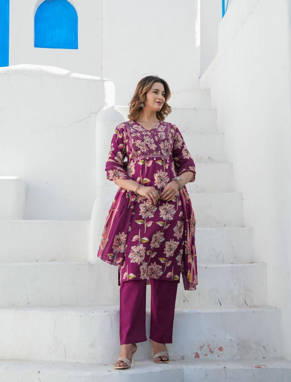 Cotton fabric Sequence Work Kurti with Pant with Dupatta
