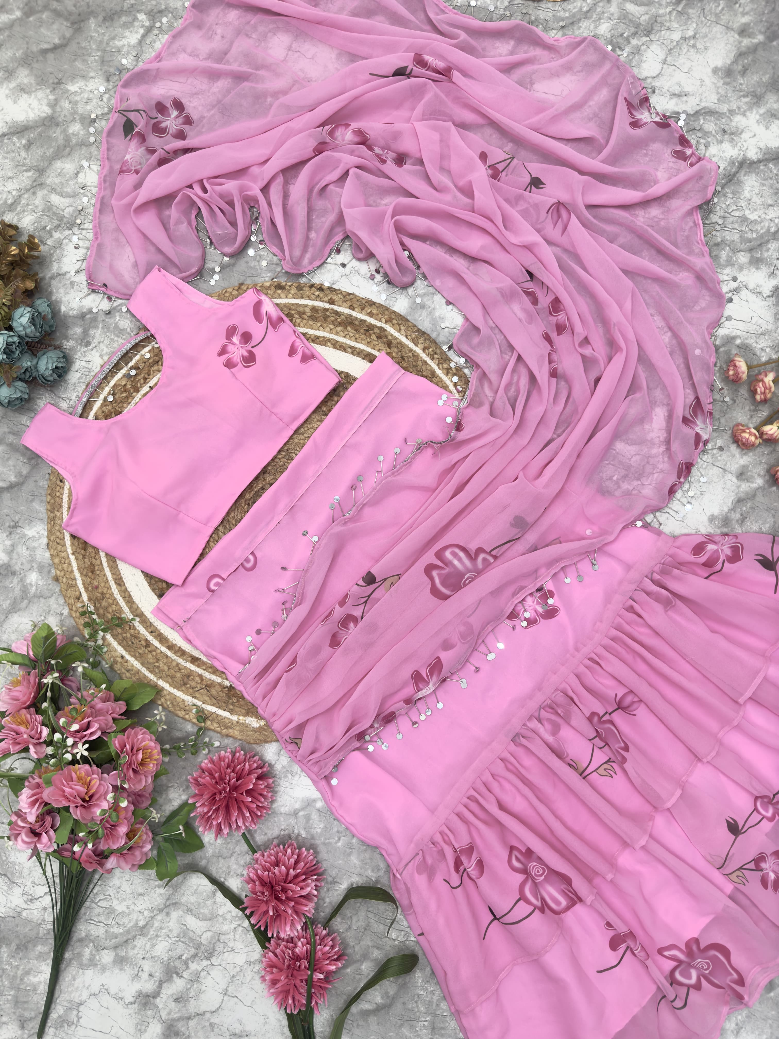 Lahenga Saree Faux  Georgette With Digital Print  & 3 Layer Ruffle With Attached Dupatta