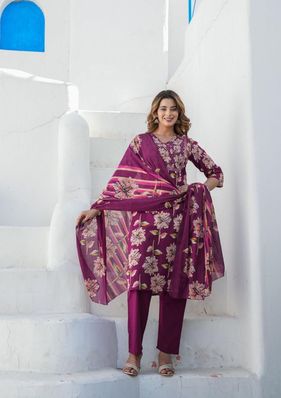 Cotton fabric Sequence Work Kurti with Pant with Dupatta