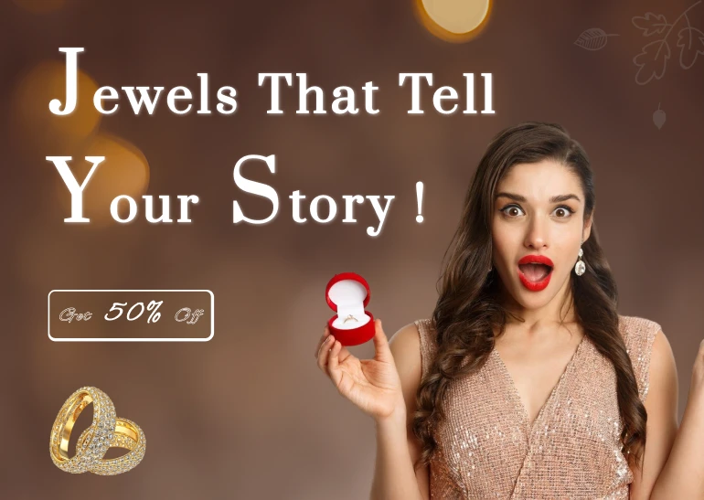 woman surprised, jewelry, 50% off sale