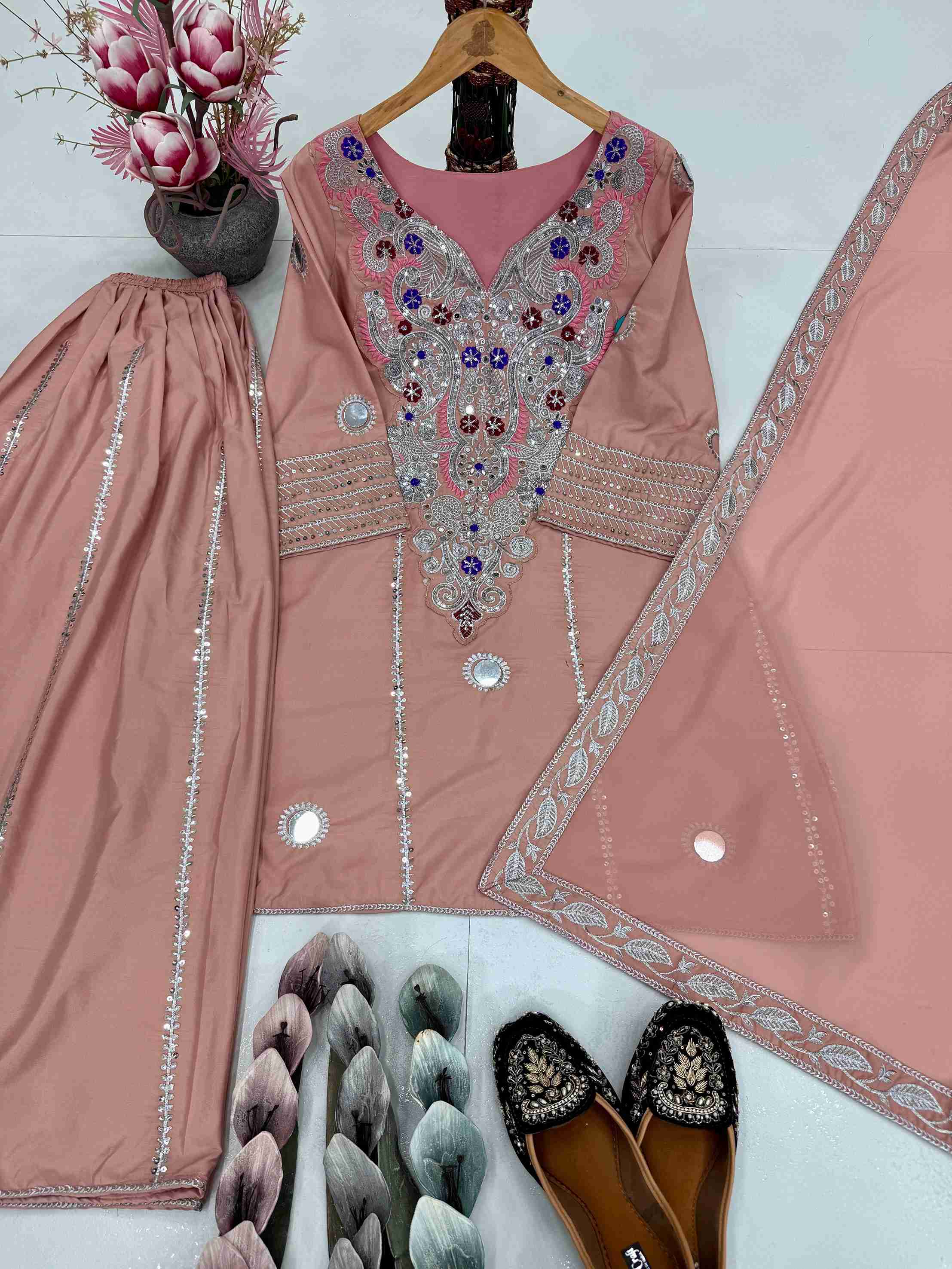 HEAVY NATURAL CREAP EMBROIDERED SEQUENCE WORK WITH FANCY TOP SHARARA DUPATTA SET BD -003