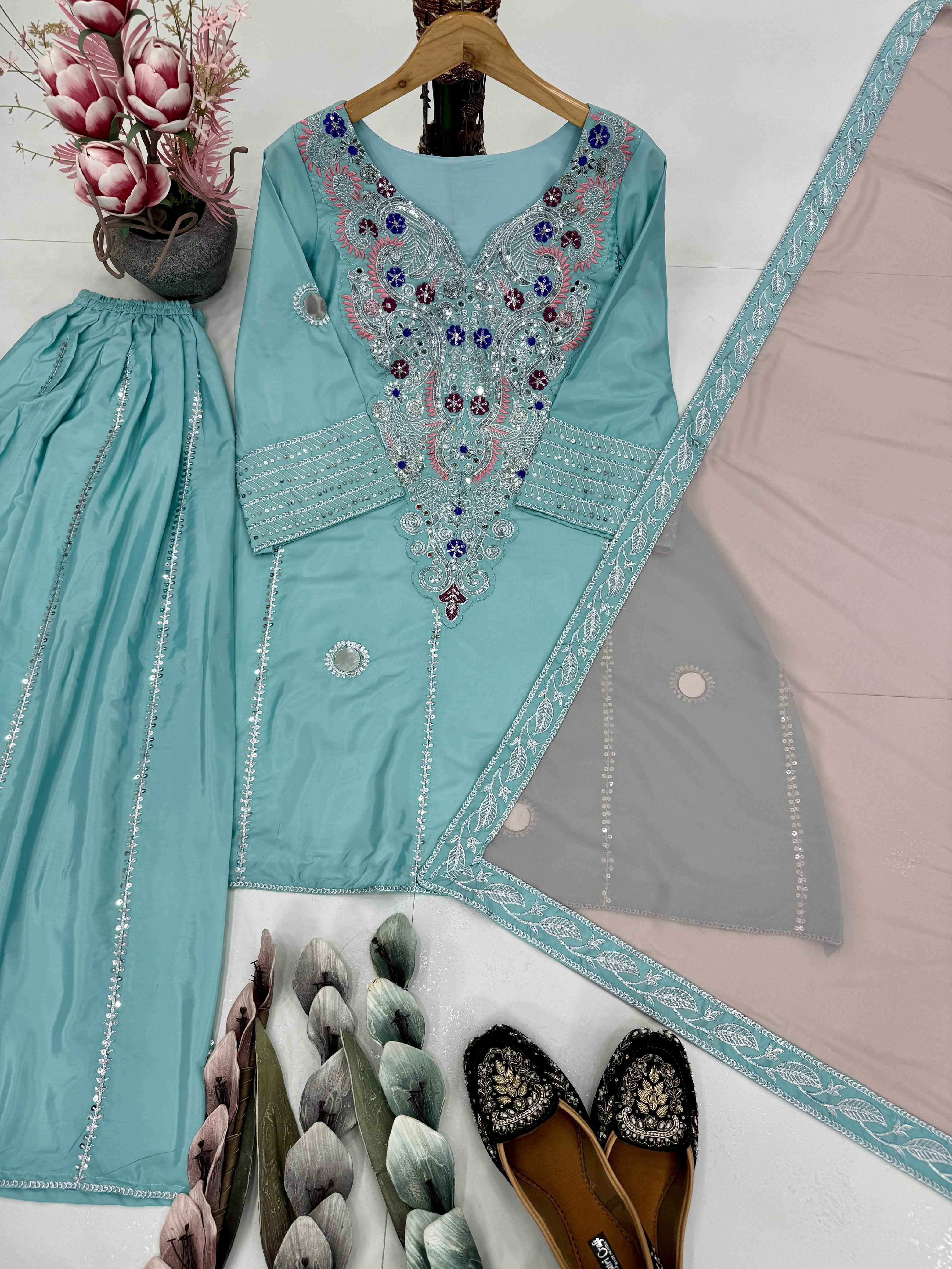 HEAVY NATURAL CREAP EMBROIDERED SEQUENCE WORK WITH FANCY TOP SHARARA DUPATTA SET BD -003