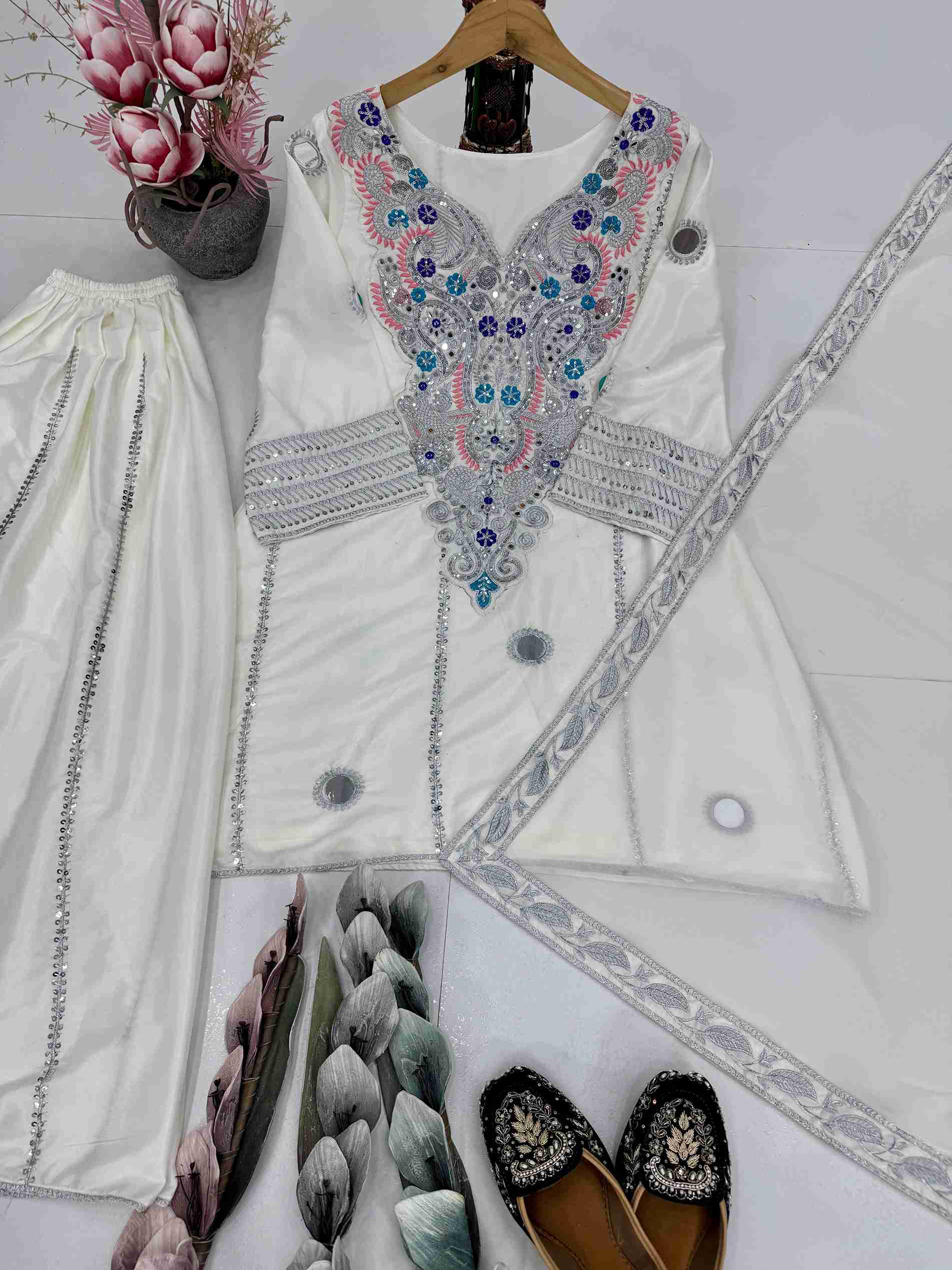 HEAVY NATURAL CREAP EMBROIDERED SEQUENCE WORK WITH FANCY TOP SHARARA DUPATTA SET BD -003