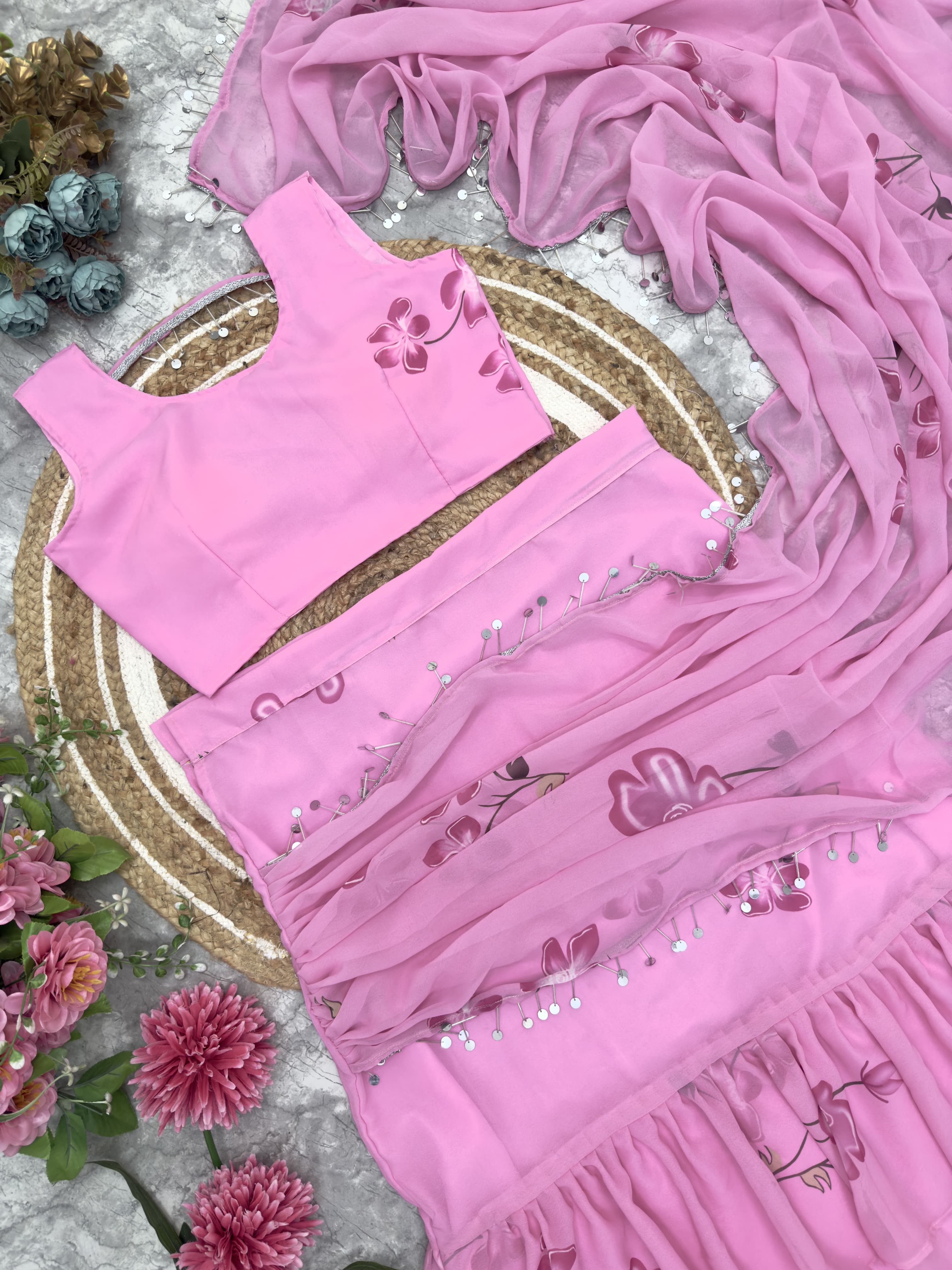 Lahenga Saree Faux  Georgette With Digital Print  & 3 Layer Ruffle With Attached Dupatta