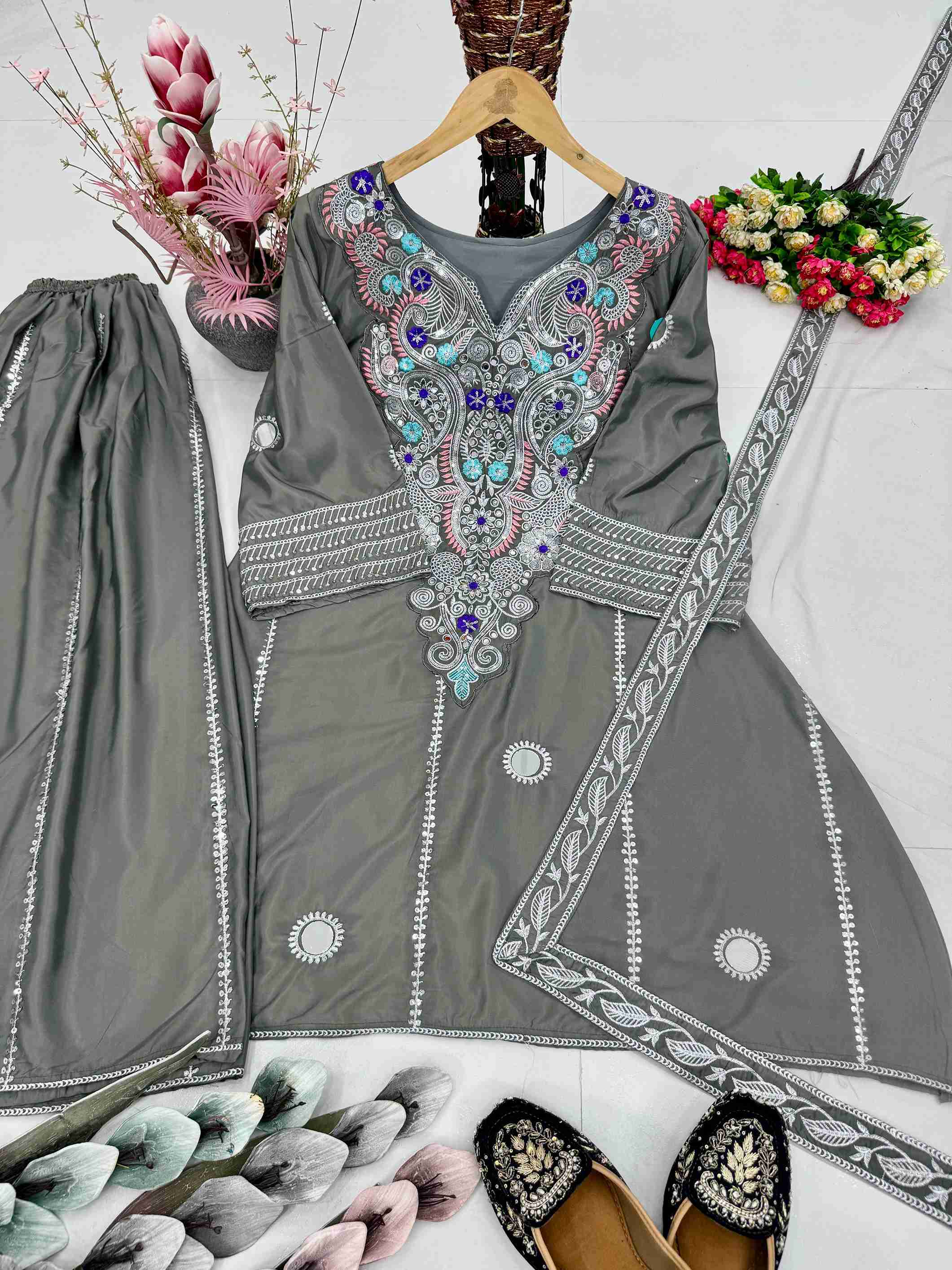 HEAVY NATURAL CREAP EMBROIDERED SEQUENCE WORK WITH FANCY TOP SHARARA DUPATTA SET BD -003