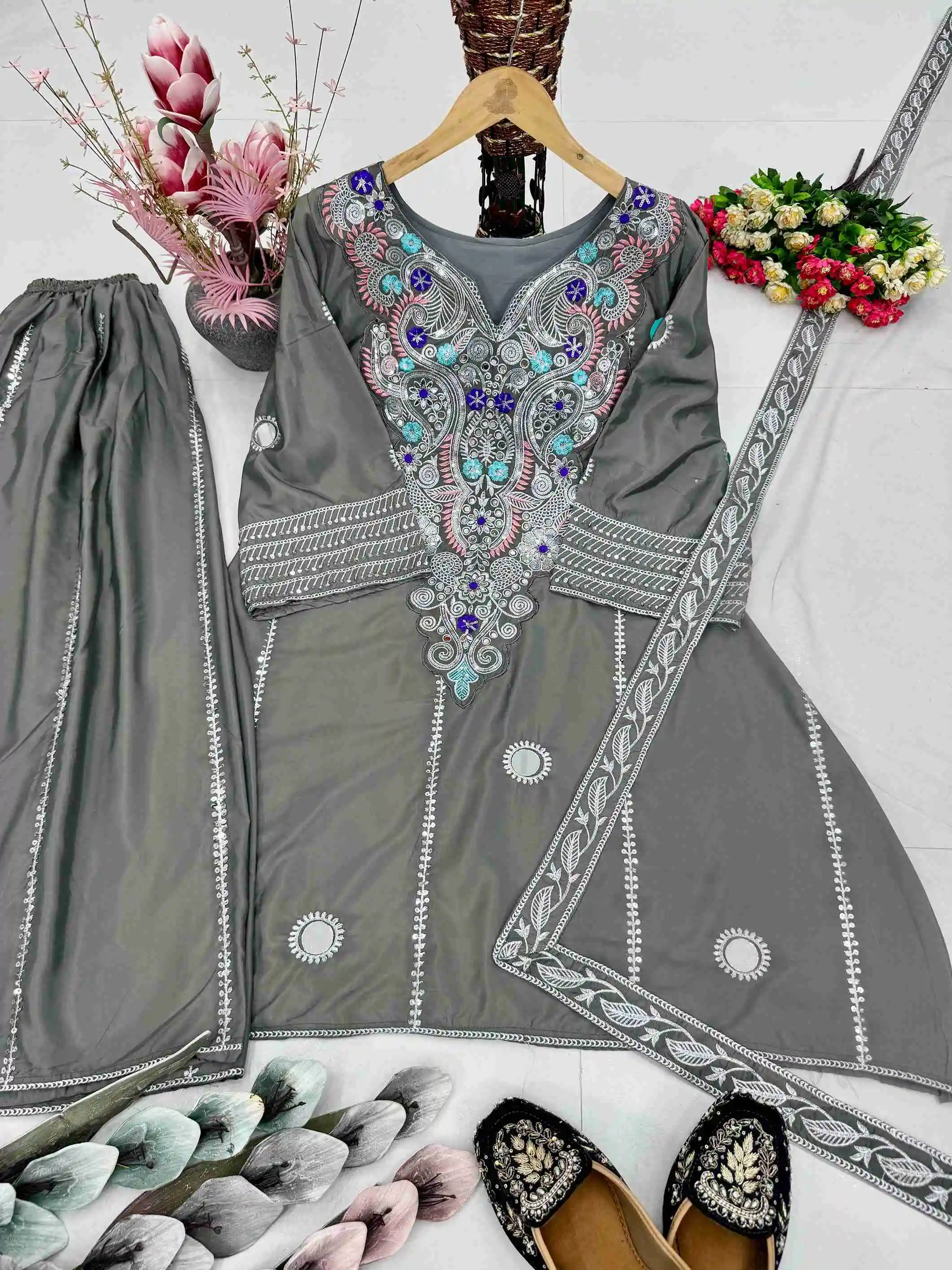 HEAVY NATURAL CREAP EMBROIDERED SEQUENCE WORK WITH FANCY TOP SHARARA DUPATTA SET BD -003